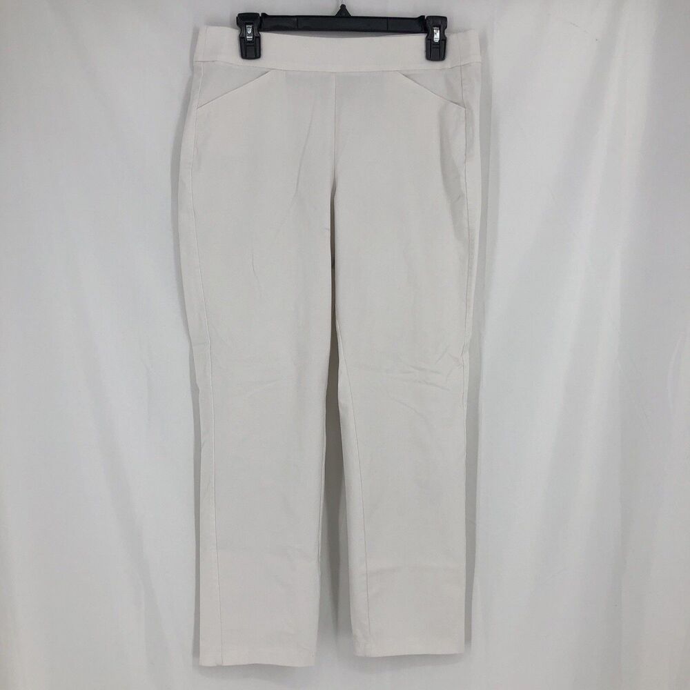 Chicos Travelers Collection Pants Women 10White Pull On Straight Leg Preppy Chic